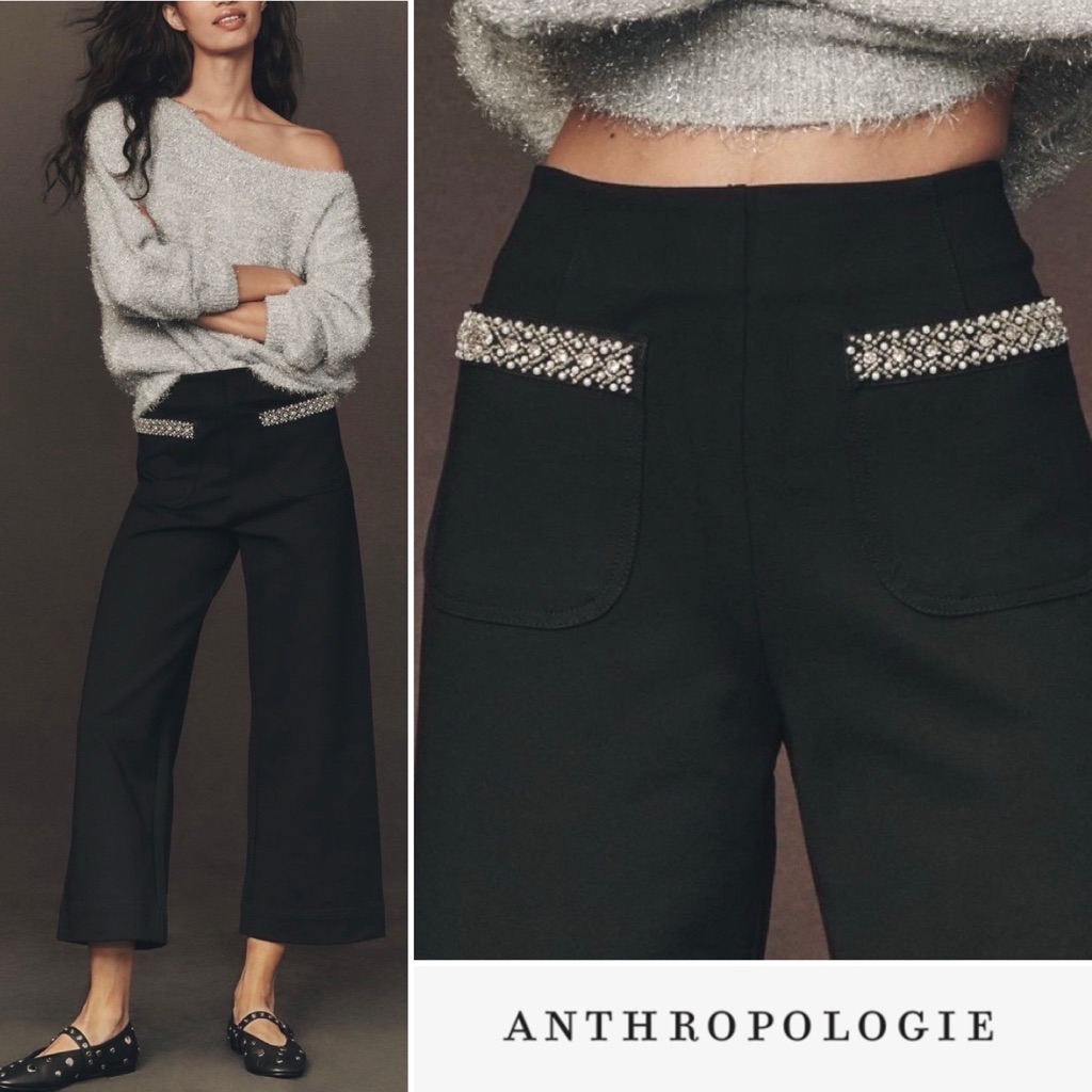 Anthropologie Maeve Colette Crop Rhinestone Pocket Trousers Black 27 Nwt